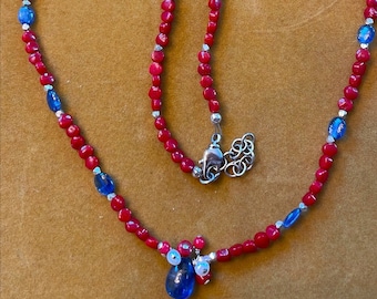 Unique Red Coral Blue Kyanite  White Pearls Sterling Silver Clasp Necklace OOAK Briolette Handmade