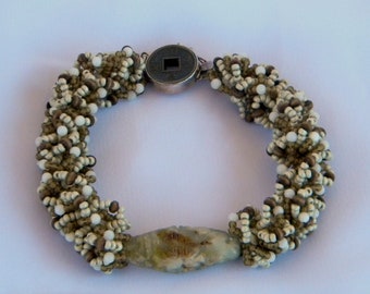 Carved Brown Light Green Centerpiece, Loopy Bracelet with Seed Beads, Wood Beads, Chinese Coin Box Clasp Asian