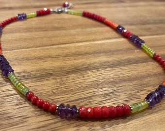 Red & Orange Coral Yellow Jade Amethyst Gemstones Sterling Silver Necklace Fun and Funky Colorful 18-20 inches