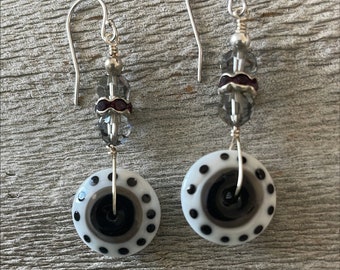 Grey Smoke Authentic Swarovski Crystals, Burgundy Swarovski Rondelles & Black White Lampwork Bead Earrings Dangle