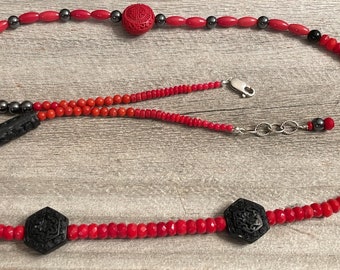 Red Coral Black Hematite and Faux Chinese Like Beads Necklace 29" SS Clasp