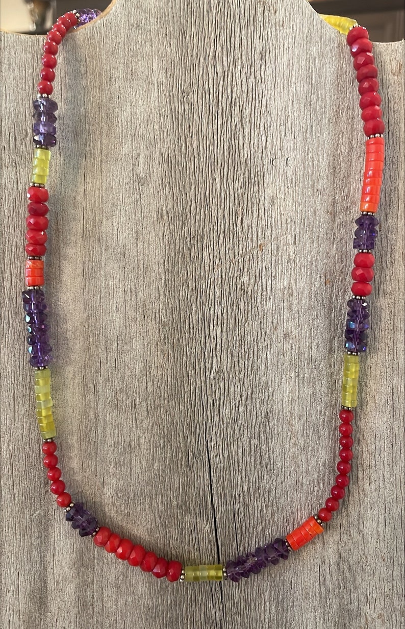 Red & Orange Coral Yellow Jade Amethyst Gemstones Sterling Silver Necklace Fun and Funky Colorful 18-20 inches image 8