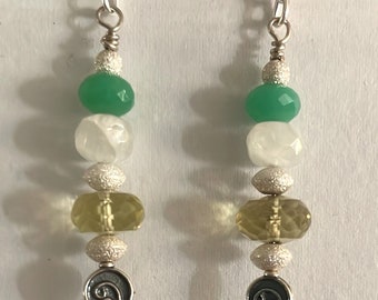 Faceted Green Chrysoprase Moonstone Lemon Quartz Rondelle Sterling Silver Unique Headpin Dangle Earrings Swarovski Stardust beads