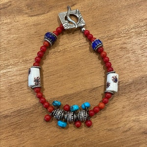 Turquoise, Red Coral, African Antique Trade Beads Bracelet Sterling Silver Toggle 7 inches OOAK Handmade image 7