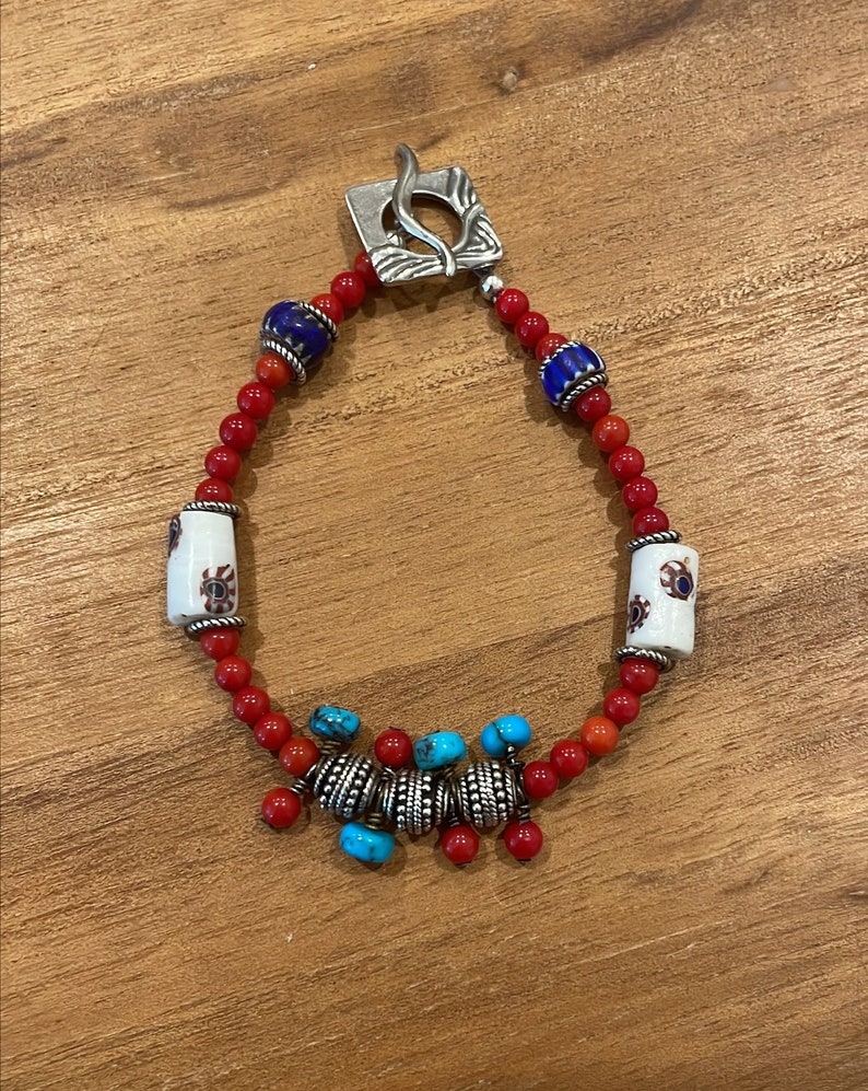 Turquoise, Red Coral, African Antique Trade Beads Bracelet Sterling Silver Toggle 7 inches OOAK Handmade image 7