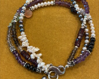 Triple Strand Bracelet Pearls Garnets Opals Amethyst Sterling Silver Bracelet Lobster Clasp 3 Strand