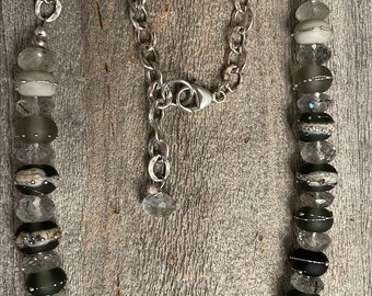 Black Tourmaline Rutilated Faceted Quartz Rondelles Grey Black Lampwork Beads Sterling Silver Link Chain Necklace