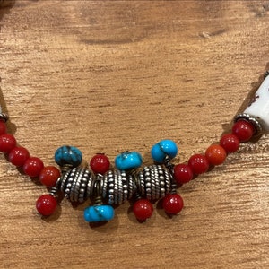 Turquoise, Red Coral, African Antique Trade Beads Bracelet Sterling Silver Toggle 7 inches OOAK Handmade image 2