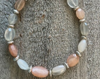 Faceted Colored Oval Moonstones Moonstone Peach White Clear Sterling Silver Bracelet