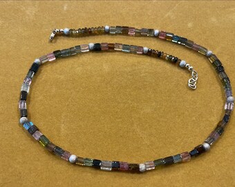 Square Gemstone and Faceted Rondelles Multi Tourmaline Necklace Brushed Gold Filled Beads and GF Lobster Claps