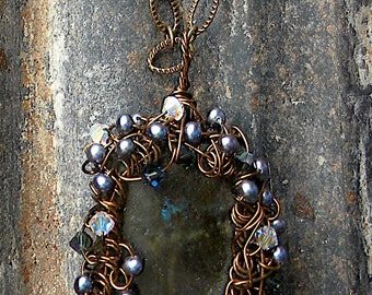 Antique Bronze Wire Wrapped Labradorite with Gray Pearls and Swarovski 4mm Bicone Crystals with Antique Bronze Link Necklace