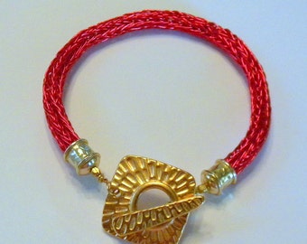 Red Wire Viking Knit Bracelet with Bright Brass Textured Toggle Clasp Unique