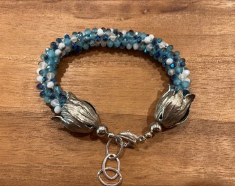 Shades of Blue Chinese Crystals Japanese Kumihimo Braiding Bracelet Base Metal Silver and Sterling Silver Clasp