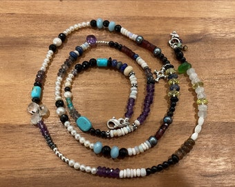 Everything 5 Multi Strand Bracelet Necklace Kyanite Amethyst Amazonite Garnets Turquoise Pearls Opals Onyx Sterling Cross Charm w/ Topaz