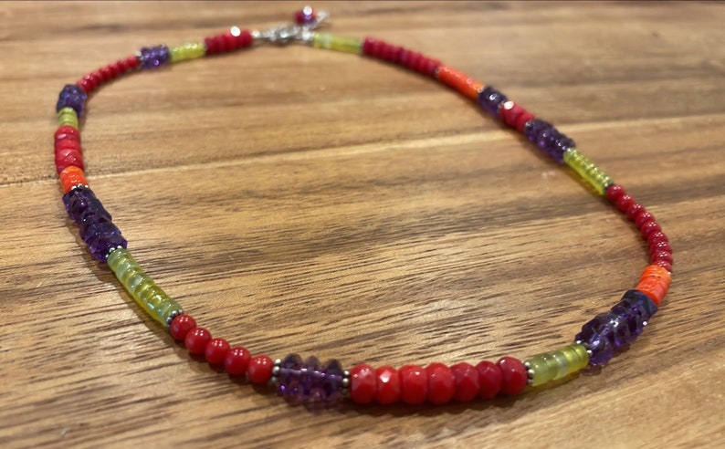 Red & Orange Coral Yellow Jade Amethyst Gemstones Sterling Silver Necklace Fun and Funky Colorful 18-20 inches image 1