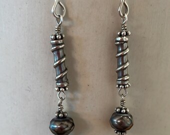 Round Grey Gray Faceted Pearl and Unique Sterling Silver Tube Dangle Earrings with Round Ear Wires