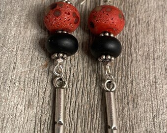 Red Black Lampwork Bead Sterling Silver Charm Dangle Earrings