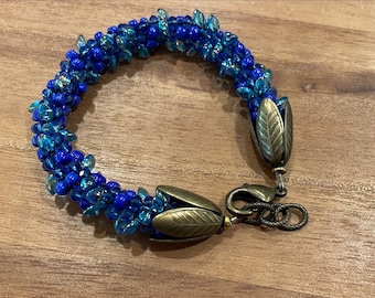 Blue Chinese Crystals Blue Seed Beads Japanese Kumihimo Braiding Bracelet Antique Brass Bronze