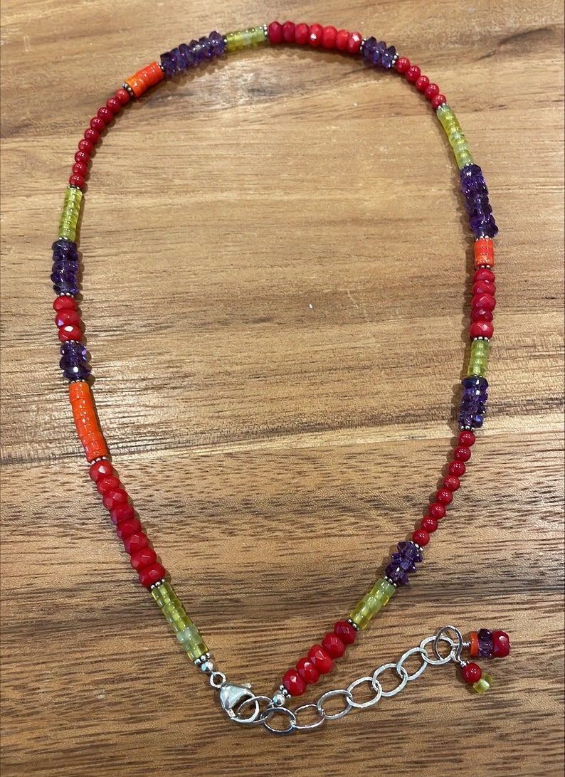 Red & Orange Coral Yellow Jade Amethyst Gemstones Sterling Silver Necklace Fun and Funky Colorful 18-20 inches image 6