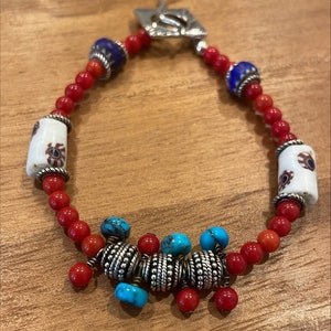 Turquoise, Red Coral, African Antique Trade Beads Bracelet Sterling Silver Toggle 7 inches OOAK Handmade image 3