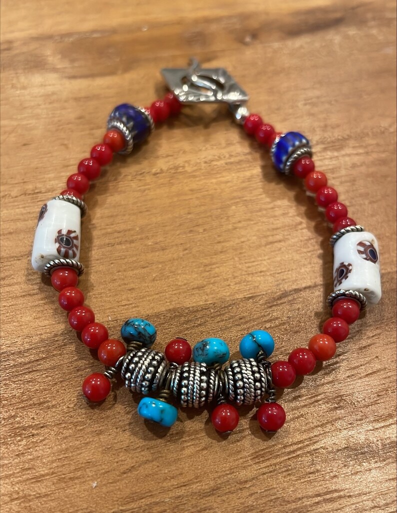 Turquoise, Red Coral, African Antique Trade Beads Bracelet Sterling Silver Toggle 7 inches OOAK Handmade image 3