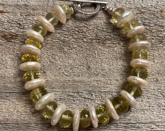 Faceted Yellow Lemon Quartz Rondelles, White Disc Pearls Bracelet Sterling Silver Toggle Clasp