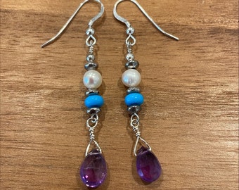 Round Pearl Turquoise Amethyst Briolette and Sterling Silver Hook Earrings OOAK Handmade Dangle