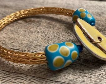 Brass Base Metal Viking Knit Bracelet w/ Lampwork Endcaps and Enamel Toggle Clasp