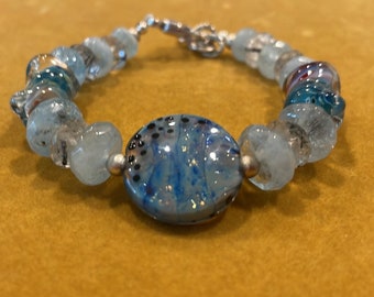 Artist Blue Focal Lampwork Bead, Aquamarine Faceted and Black Rutilated Quartz  Rondelles Bracelet  Sterling Silver Clasp