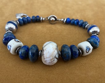 Blue Lapis Rondelles Rondelle Antique Trade Millefiori Beads Bracelet Silver Tibetan Bead Sterling Heart Charm Handmade