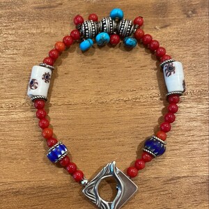 Turquoise, Red Coral, African Antique Trade Beads Bracelet Sterling Silver Toggle 7 inches OOAK Handmade image 5