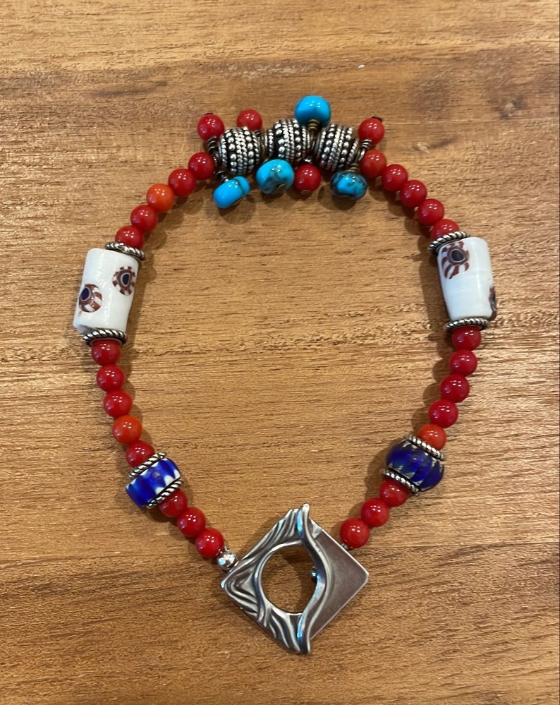 Turquoise, Red Coral, African Antique Trade Beads Bracelet Sterling Silver Toggle 7 inches OOAK Handmade image 5