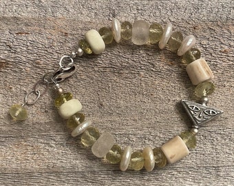 Faceted Yellow Lemon Quartz Rondelles, White Disc Pearls, Lampwork Beads. Antler Beads Bracelet Sterling Silver Face Bead