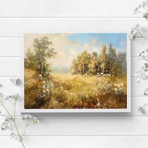 Sunny Meadow Wildflowers Print – Vintage Landscape Digital Download, Summer Floral Wall Art, Rustic Pastoral Decor