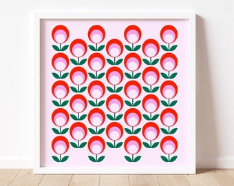 Midcentury Modern Pink & Red Geometric Flowers Square Art Print