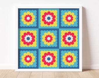 Checkerboard Mod Flowers Granny Square Art Print Primary Colors