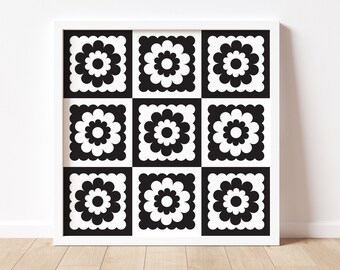 Black and White Checkerboard Mod Flowers Granny Square Art Print