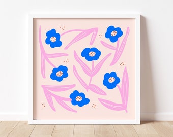 Pink & Blue Floral Square Art Print