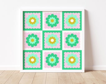 Checkerboard Mod Flowers Granny Square Art Print