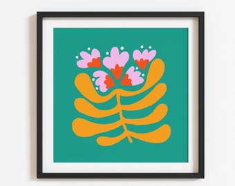 Abstract Flower Orange Teal Square Art Print