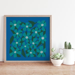 Blue and Green Flowers Square Art Print image 1