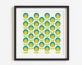 Midcentury Modern Geometric Flowers Square Art Print