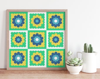 Checkerboard Mod Flowers Granny Square Art Print Green Yellow Blue
