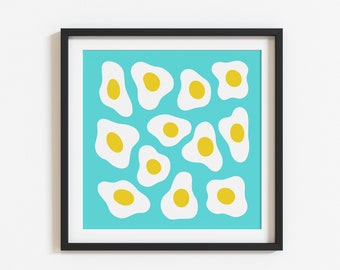 Fried Eggs Square Art Print Turquoise Blue