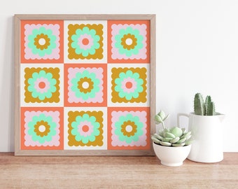 Checkerboard Mod Flowers Granny Square Art Print