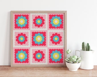 Checkerboard Mod Flowers Granny Square Art Print
