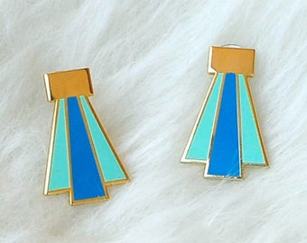 Enamel Earrings Gold Blue Retro Art Deco Design 1920s Vintage Inspired