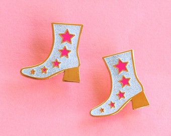 Enamel Pin, Disco Boot, Glitter Neon Pink, Star Gifts under 10 Lapel pin