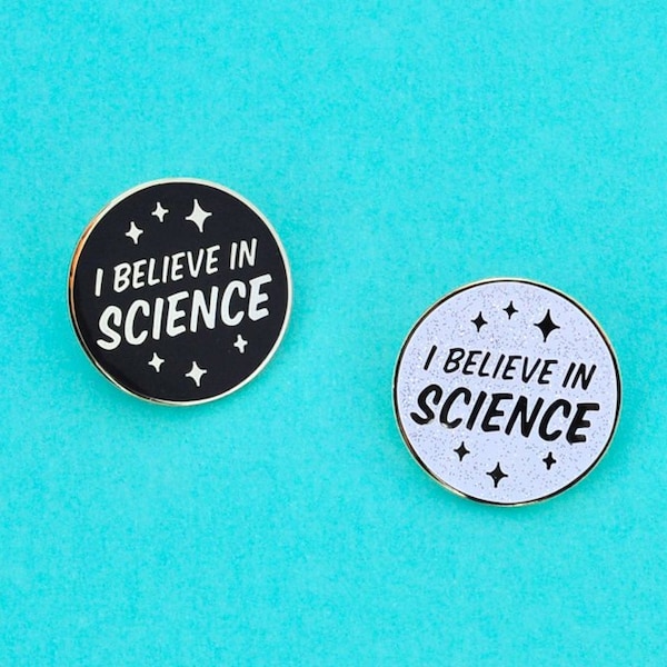 Science Enamel Pin, I Believe in Science, or noir ou paillettes blanches
