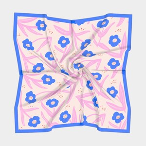 Silk Square Scarf with Hand drawn Pink & blue flower image 7